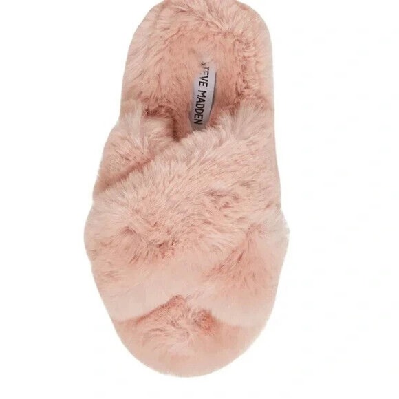 Steve Madden Faux Fur Fluffy Criss Cross Slip On Slippers Blush Size S (5-6) - Picture 2 of 7